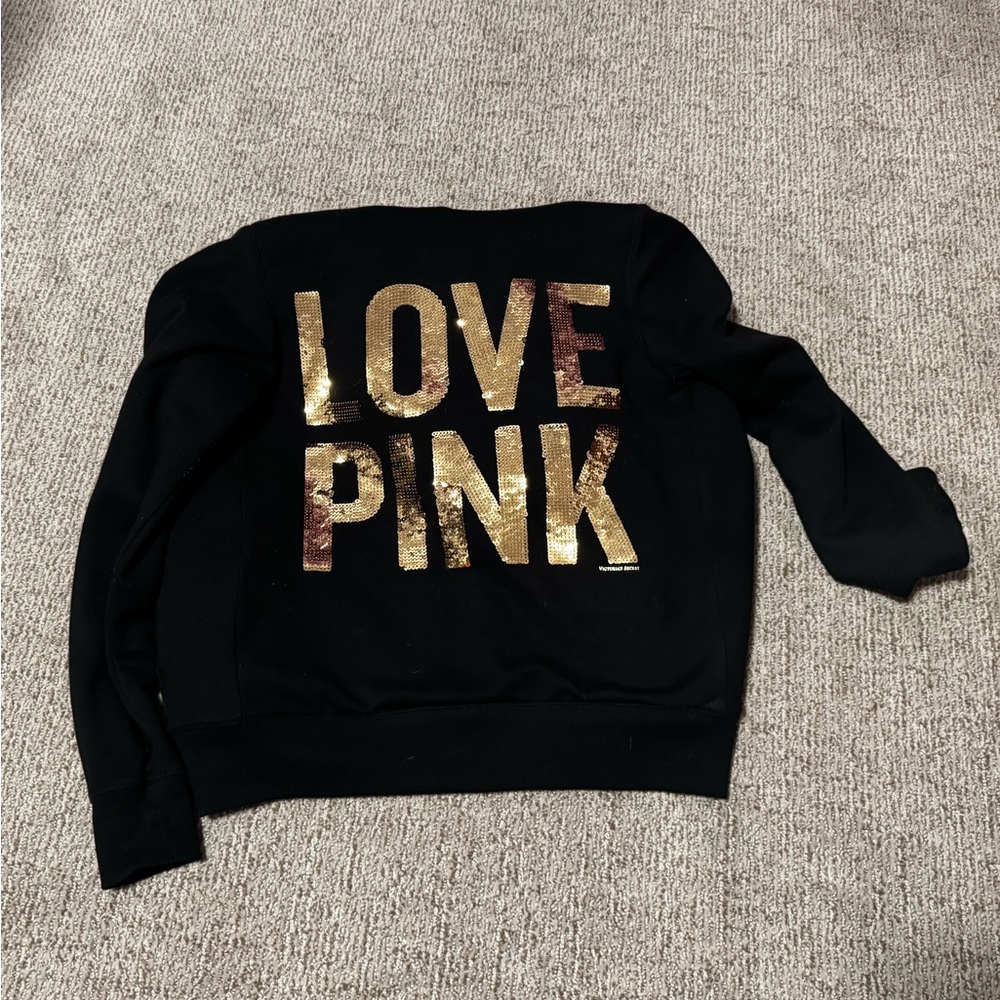 PINK Victoria's Secret Black Teddy Zip-up Sweatshirt with Leopard Lining - Picture 2 of 4
